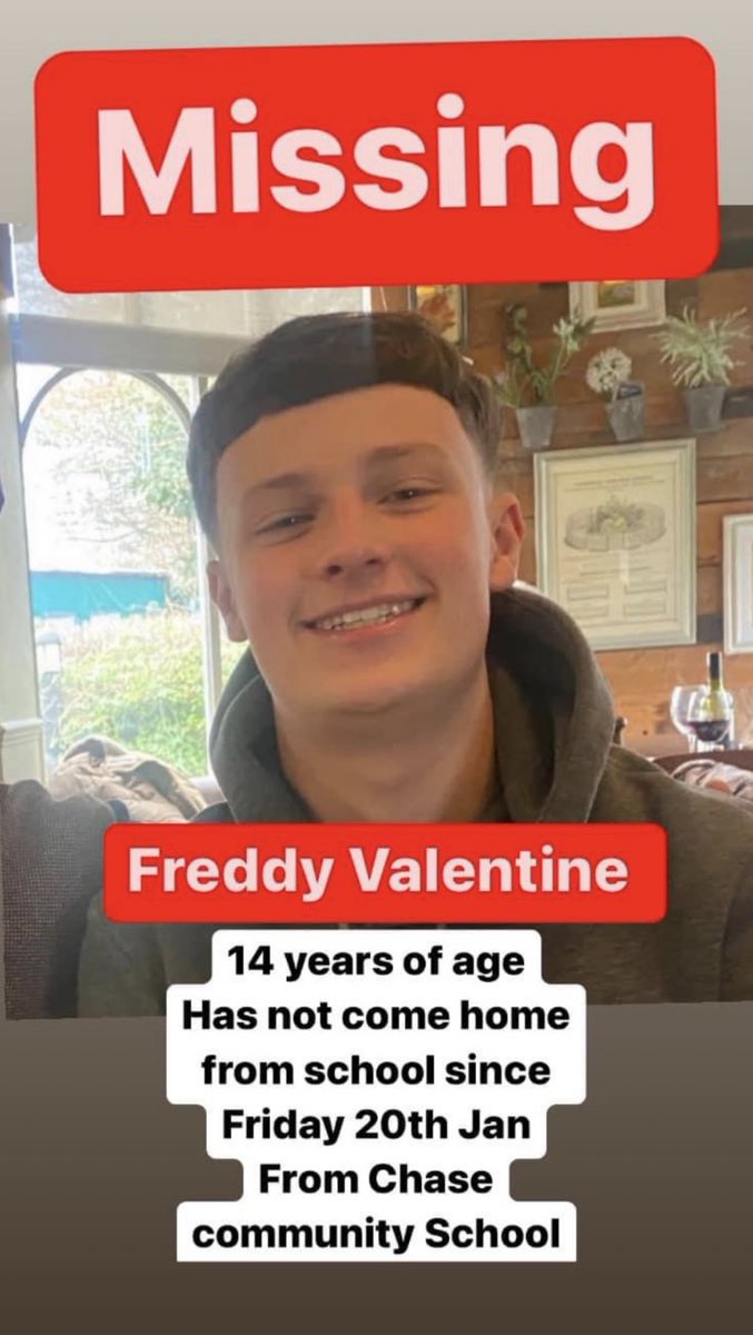 #FreddyValentine is a 14 year old boy who went missing in Enfield, North London, 8 days ago. He never came home from school. If you think you might have seen Freddy or if you have any information please contact The Metropolitan Police #findFreddy