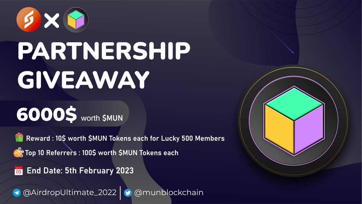New Giveaway: <a href="/munblockchain/">MUN ⚛️ The Remittance Blockchain</a> X <a href="/AirdropUltemate/">Airdrop Ultimate</a>
Reward: 6000$ Worth $MUN
Distribution: On March

🔗Giveaway Link: t.me/MunBlockchainG…

-Complete all tasks of the giveaway
-Submit your MUN wallet address
-For 500 Random Lucky peoples
-Done 

#MUN #Airdrop #IDO #Giveaway $MUN