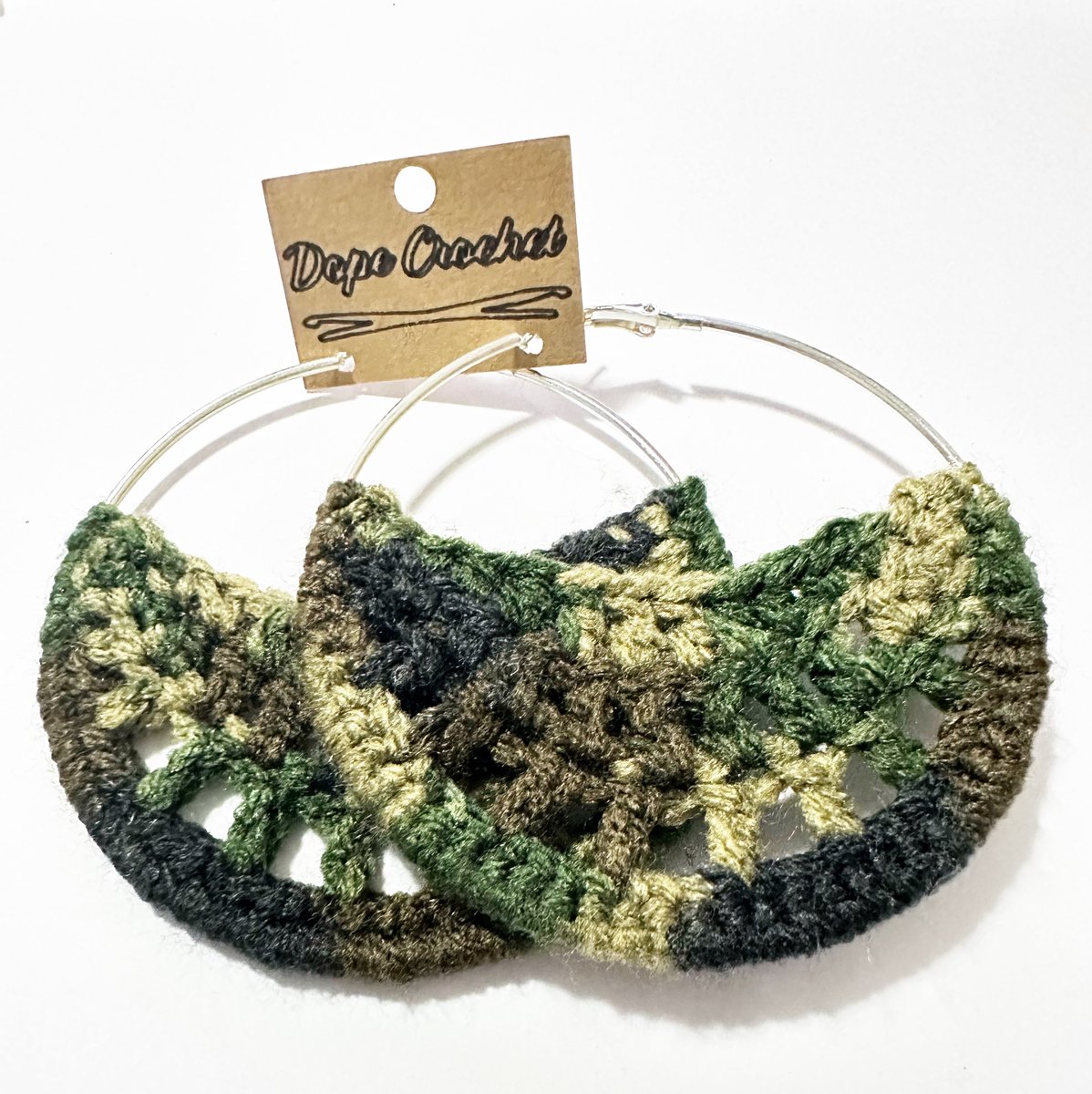 DopeCrochet's tweet photo. Step up your hoop game with our camo hoops! These bad boys are the perfect blend of edgy and stylish. Cop yours now and make a statement. #camo #hoops #edge #dopecrochet #austin #atx #austintx #texas #handmadefashion https://t.co/Hj8GwyEo36