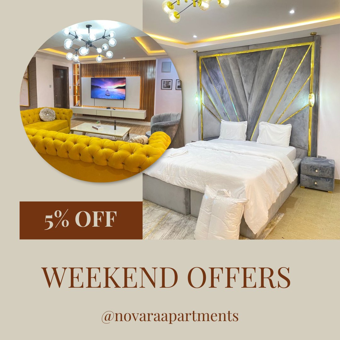 NovaraApartment's tweet photo. Weekend offers, available for only tomorrow.

Book now +2349090376041

#sunday #saturdays #trending #trend #viral #happy #hashtag  #luxuryshortlets #luxury #luxurylifestyle #makemoney #money #followforfollowback #follow #foollowme #follow4followback #followers #followingback https://t.co/yssbFARUOt