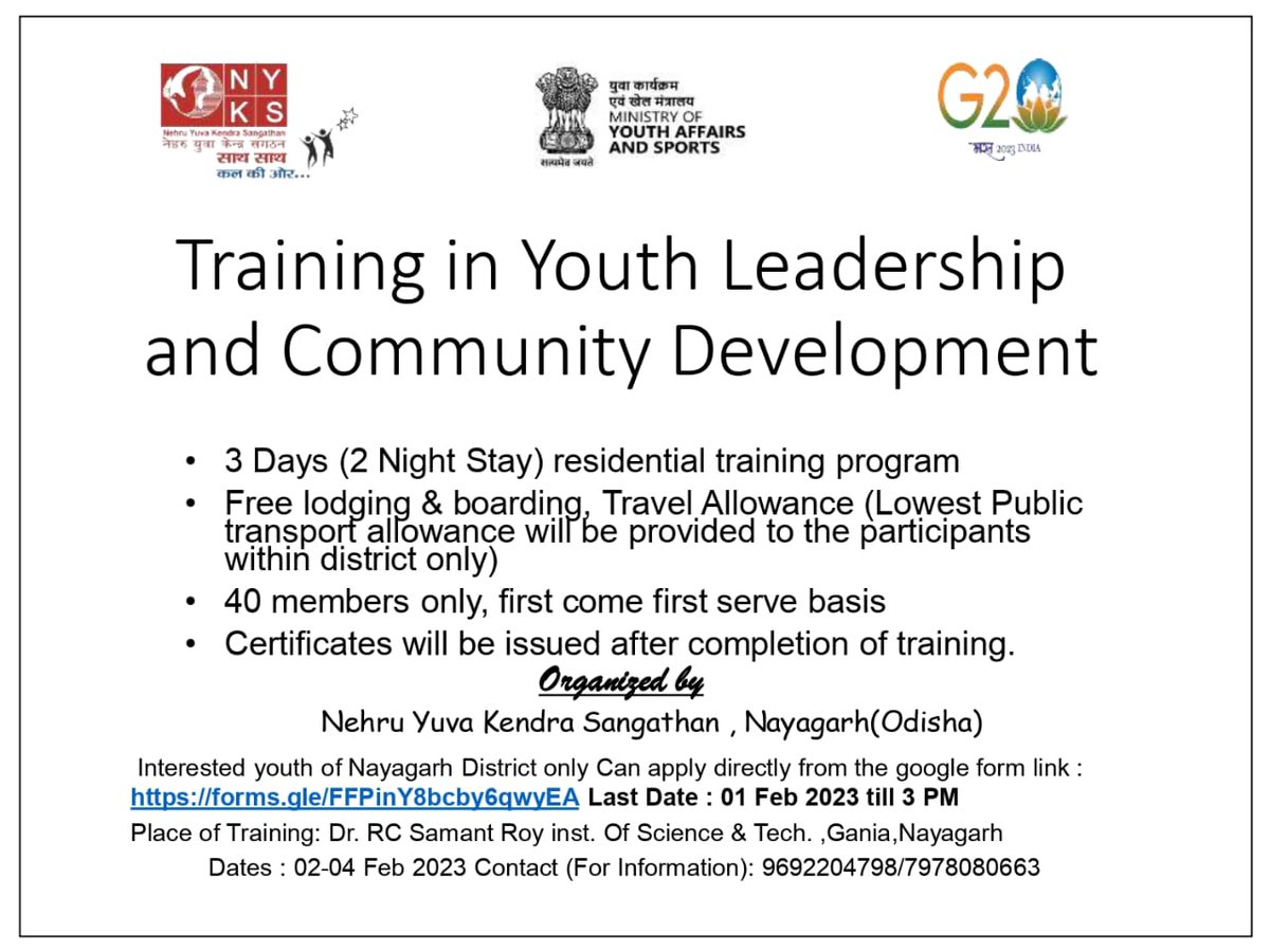 YuvaNayagarh's tweet photo. Dont Miss the Opportunity 
Register Now!!
For Training of Youth in leadership and Community Development Programme 
Link : https://t.co/uYuD6IOMt8
@YASMinistry @AdmnNayagarh @Nyksindia @MSJEGOI @NITKM2021 @NYKS_Odisha https://t.co/qHw1YWLhI2