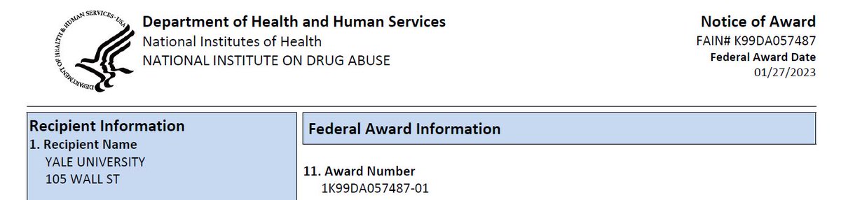 Super JAZZED to share that my K99 application has been awarded by @NIH @NIDAnews. I will continue the exciting research on opioid use disorder with @gregggonsalves @fcraw4d @SandySpringerMD Ismene Petrakis and many others @YaleSPH @YaleMed.