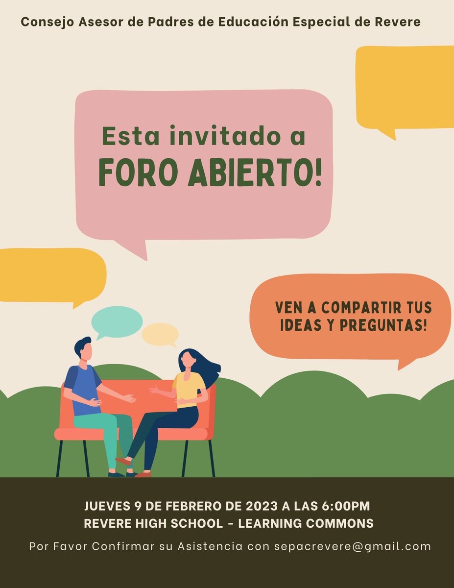 RevereSEPAC's tweet photo. Join us Thursday February 9th at 6pm in the learning commons at Revere High School for an open forum meeting. 

Please RSVP at: 

sepacrevere@gmail.com https://t.co/juIKr7z1SP