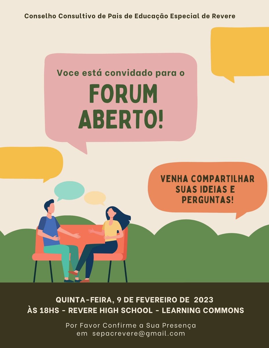 RevereSEPAC's tweet photo. Join us Thursday February 9th at 6pm in the learning commons at Revere High School for an open forum meeting. 

Please RSVP at: 

sepacrevere@gmail.com https://t.co/juIKr7z1SP