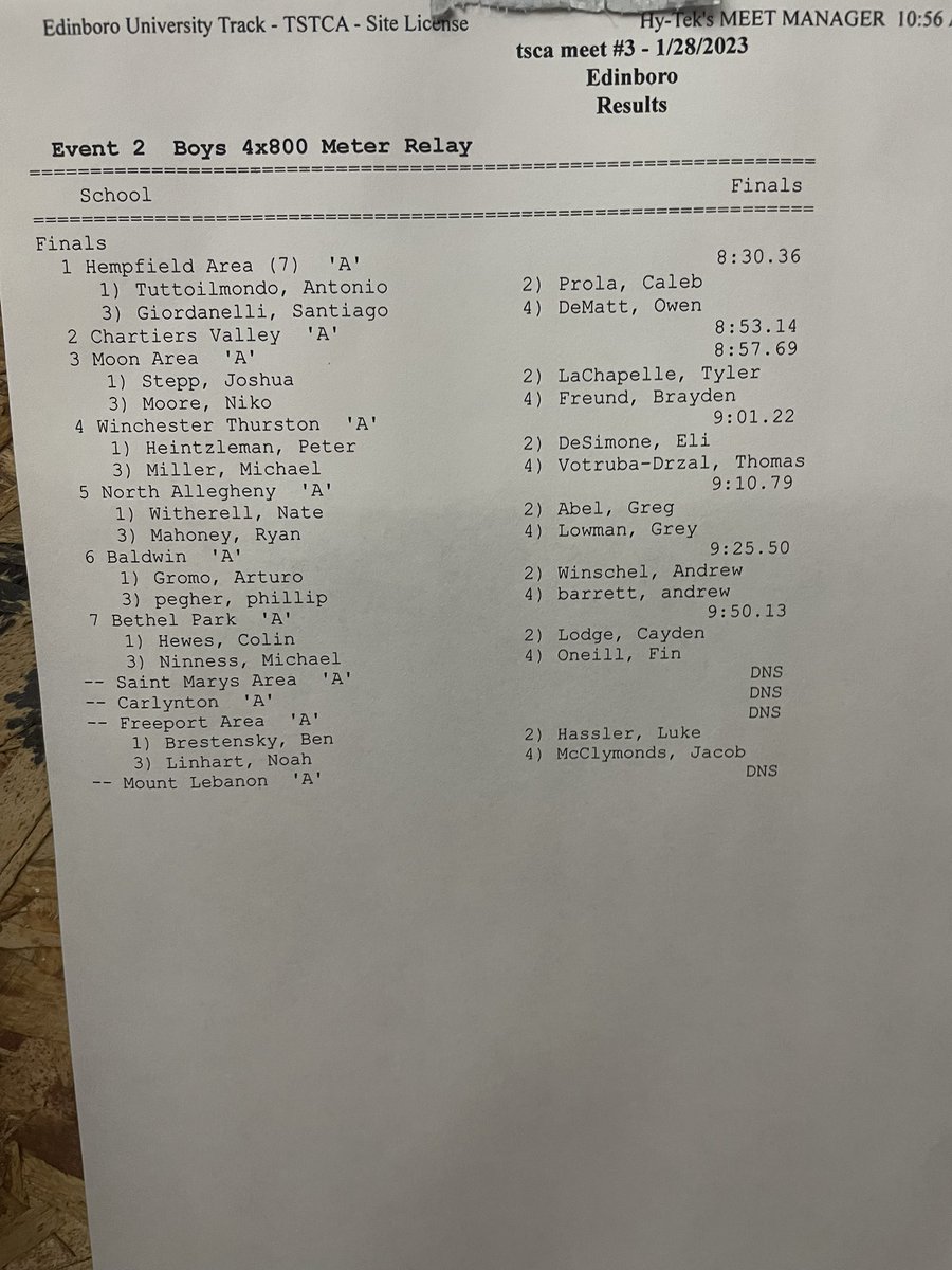 PennTrackXC's tweet photo. TSTCA Meet #3  at Edinboro
Boys: 4x800 results https://t.co/EY98Khmvfi