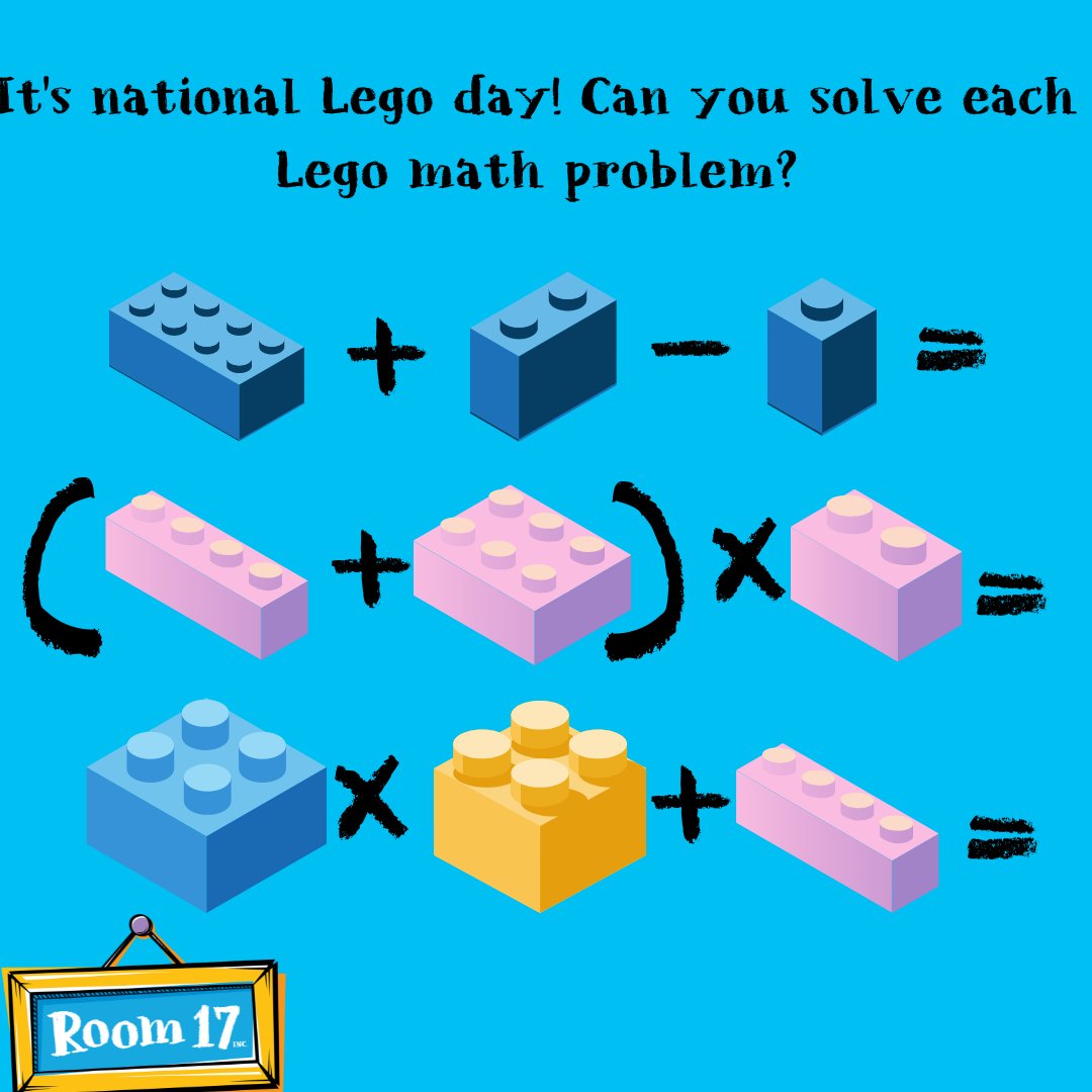 Room17math's tweet photo. Lego's are a great way to develop your math skills! Challenge yourself with these fun math problems! 💛💙🧡
#room17math #nationallegoday #legomath #mathproblem #mathisfun #mathgames https://t.co/9r45nCUZeG