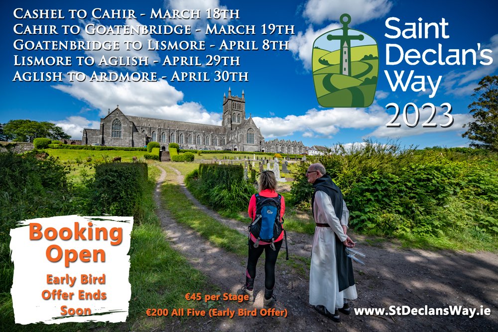 Booking for St. Declan's Way 2023 is flying. Early Bird ends soon. Stages are in March/April and cost €45 each. There is a €200, limited time, offer for those wishing to undertake all 5 stages.
For full information visit SDW.ie. #walking #camino #tourismireland