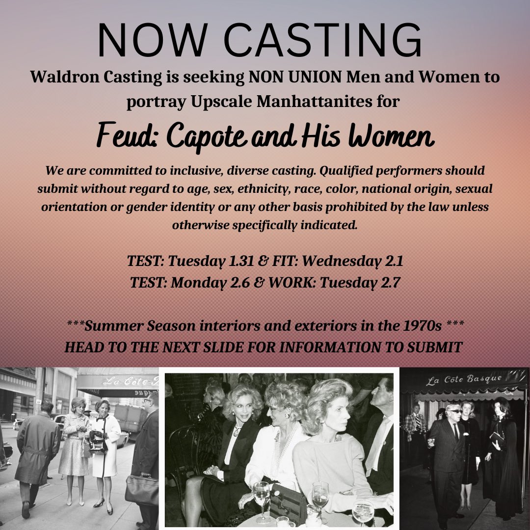 dmwaldron's tweet photo. Please RT. Casting call for actors for the FX Series, Feud. Filming in NY. #waldroncasting #castingcall #opencall https://t.co/uUBHcOHgLW