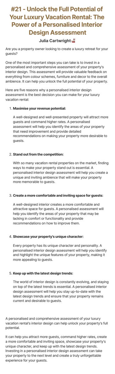 JuliaCDesign's tweet photo. #21 - Unlock the Full Potential of Your Luxury Vacation Rental: The Power of a Personalised Interior Design Assessment https://t.co/jEDZJ4A44h