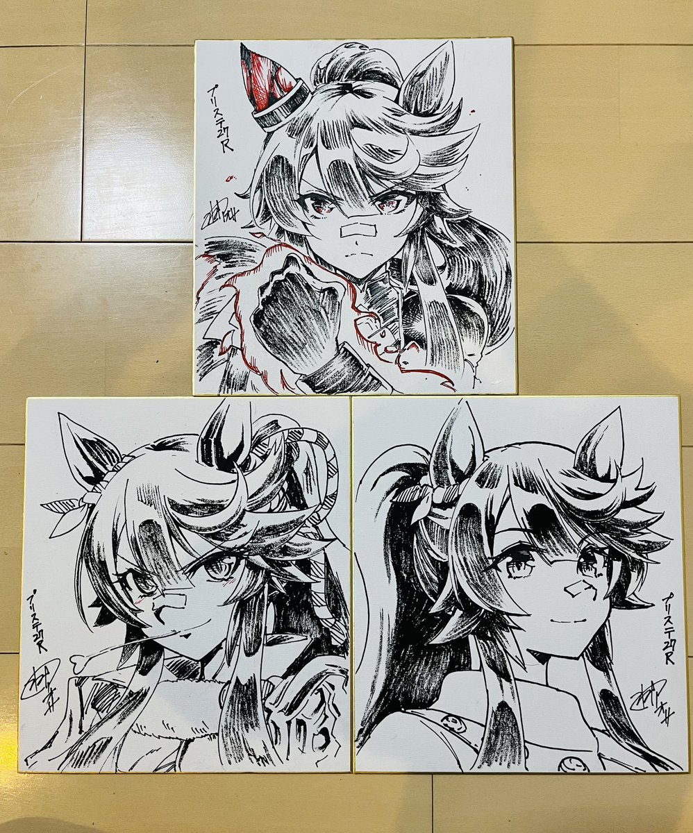 色紙描けたーーー!!ブライアン3枚 マヤアマさん姉貴2枚ずつでギムさん1枚の内訳です!勝負服と私服と制服でブライアンは餓狼バージョンもあります。プリステではよろしくお願いしますー! 