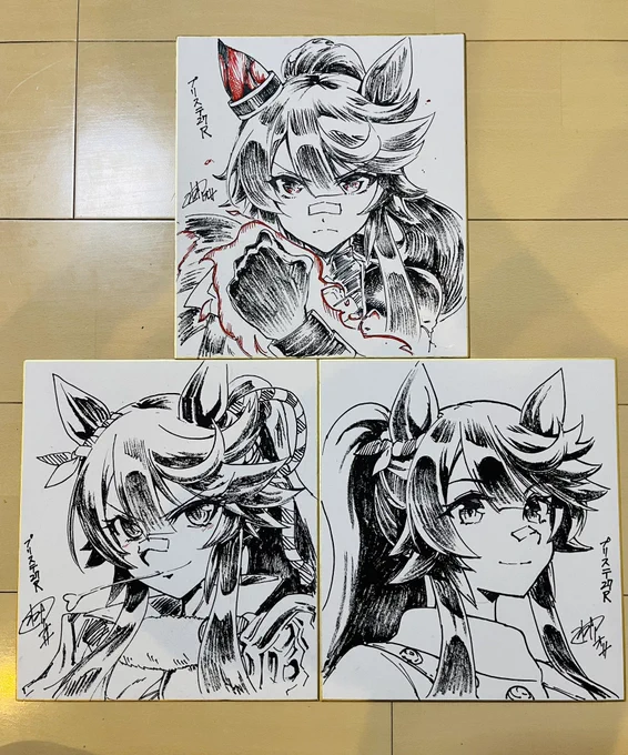 色紙描けたーーー!!ブライアン3枚 マヤアマさん姉貴2枚ずつでギムさん1枚の内訳です!勝負服と私服と制服でブライアンは餓狼バージョンもあります。プリステではよろしくお願いしますー! 