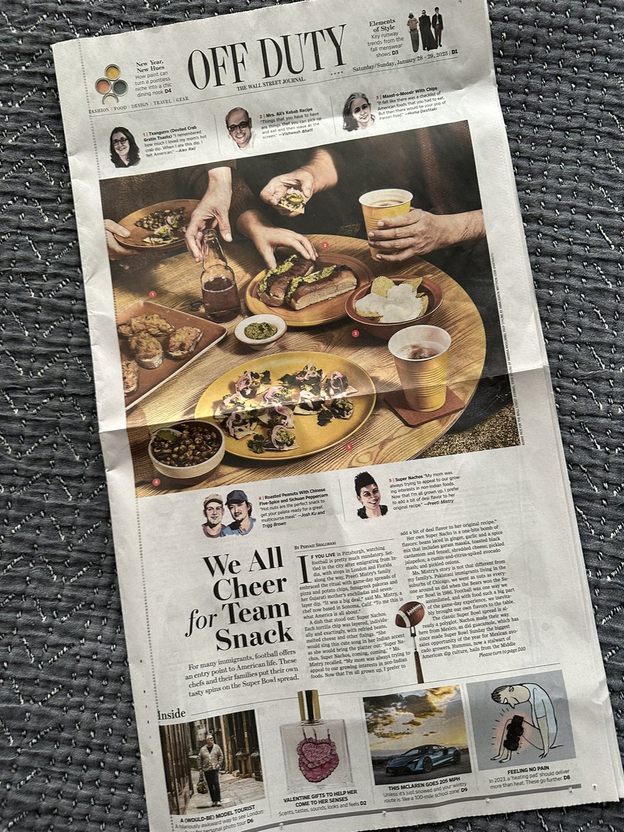 Pervaizistan's tweet photo. Guys! The @WSJ asked how I would cover Super Bowl food.

My response: Embracing football is a big part of the immigrant experience &amp; game-day eating is a big part of football, which means we inevitably leave our mark: https://t.co/xVGriaUnL8

Forever love seeing stories in print! https://t.co/CK5O4yGWFn