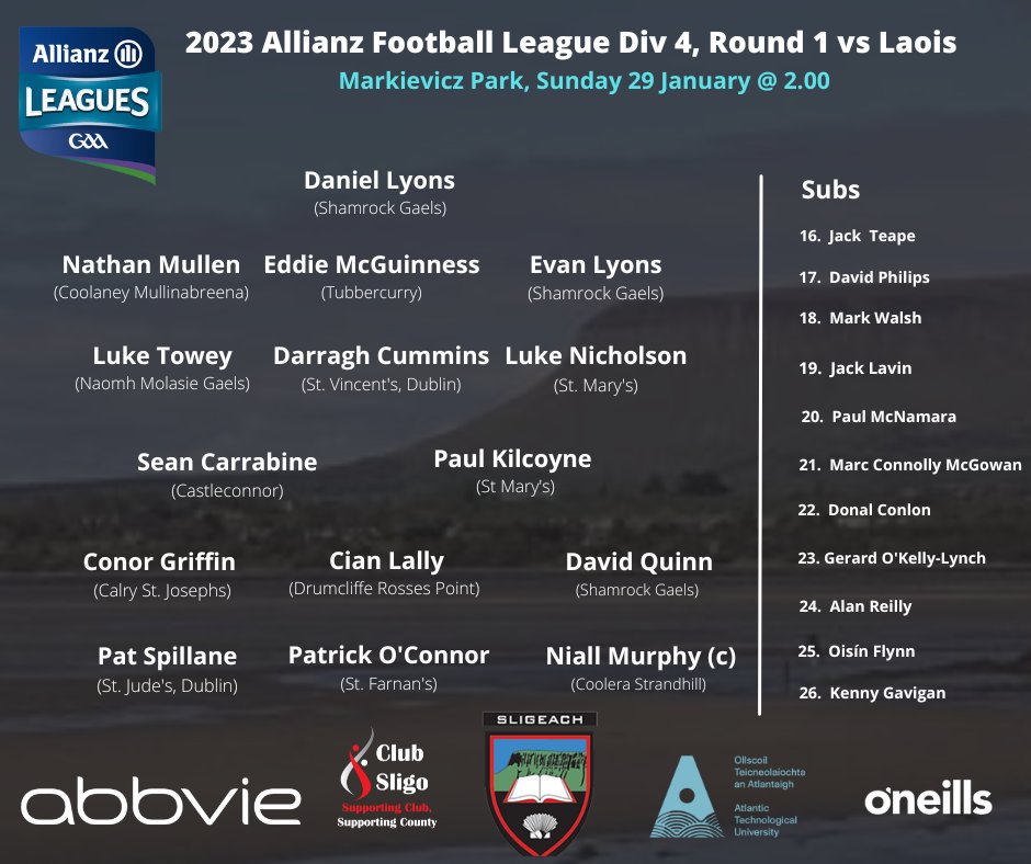 The @sligogaa team to play @CLGLaois in tomorrow's @AllianzIreland Division 4 opener in Markievicz Park tomorrow. Tickets can be purchased at gaa.ie/tickets or at the following SuperValu or Centra shops in the county - cash will not be accepted at the gate