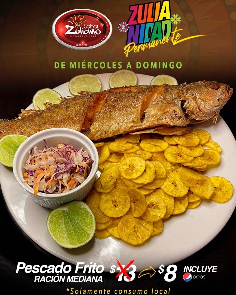 ¡Zulianidad permanente!
Pescado Frito de miércoles a domingo,  por $8, incluye una pepsi. Sólo para consumo en el local📍Estamos en la Av. 3H entre las calles 73 y 74.
.
#DiaDeLaZulianidad #Maracaibo #Zulia #Mcbo #Venezuela #Promo #Zulianidad #Pescado #SaborZuliano #Típico