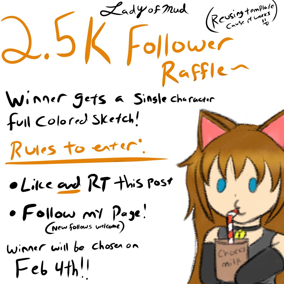 NekoVillainess's tweet photo. 2.5k Follower Raffle is go!

Simple Rules: (Do them all or you no get entered)
-Like AND Retweet this post 
-Follow my page ^^(New Follows welcome)

Winner gets Single Character Full Colored Sketch~

The winner will be announced on Feb 4th! https://t.co/XKxzwKlMnM