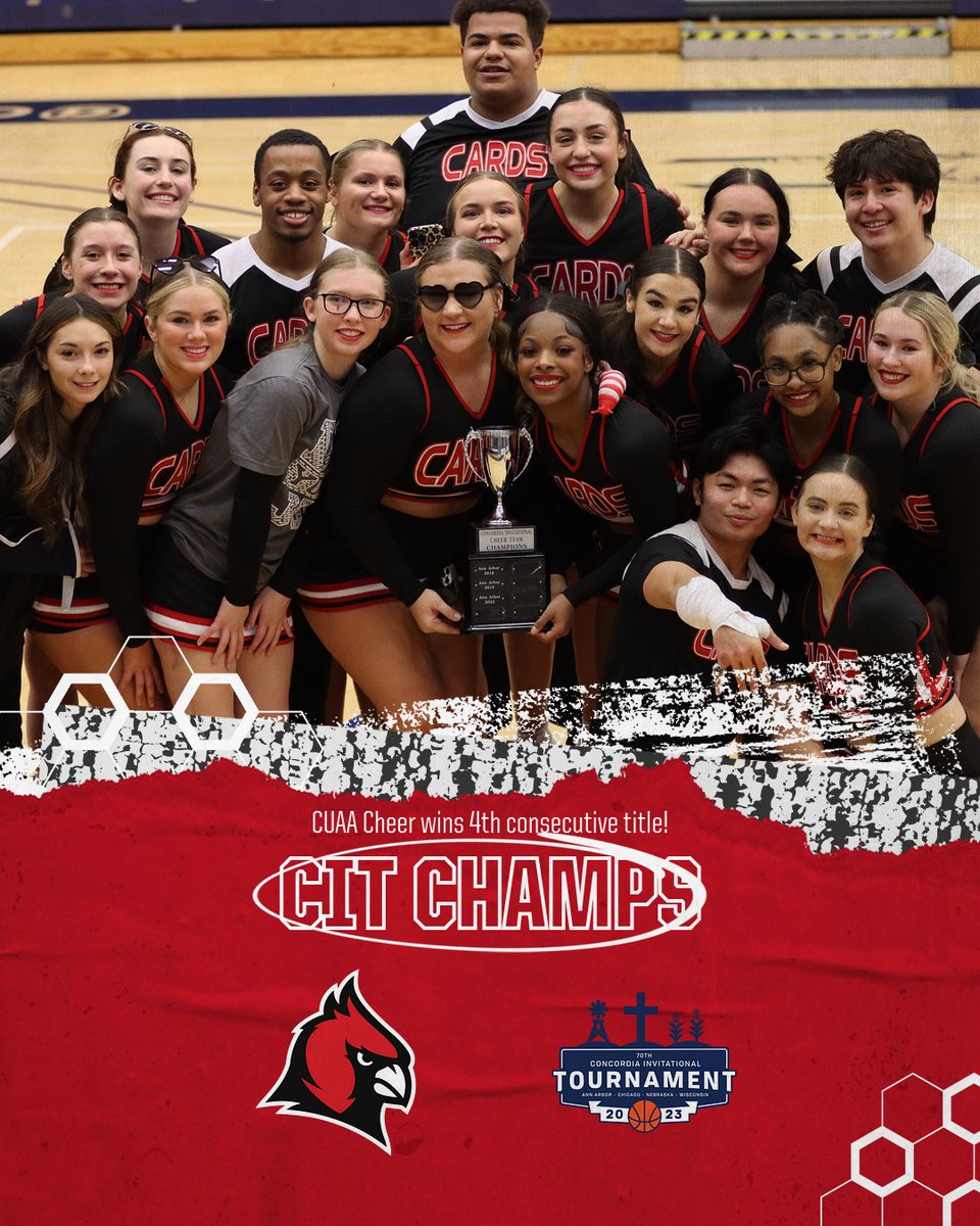 CUAACardinals's tweet photo. 🏆CIT CHAMPIONS🏆

@CUAACheer wins their fourth consecutive CIT Championship!

#CIT2023 #GoCards https://t.co/nW7zzuKAEM