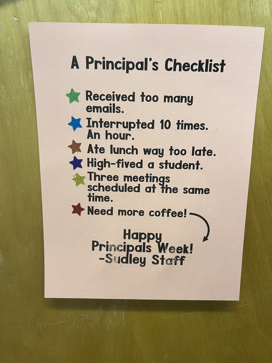 My completed checklist for Principal’s Appreciation Week! Thank you to my Sudley Family for the many ways you shared appreciation this week. I am truly thankful for a great group of professionals that do this work for Every Student.
Every Day.
Whatever It Takes!
#SudleyFamily