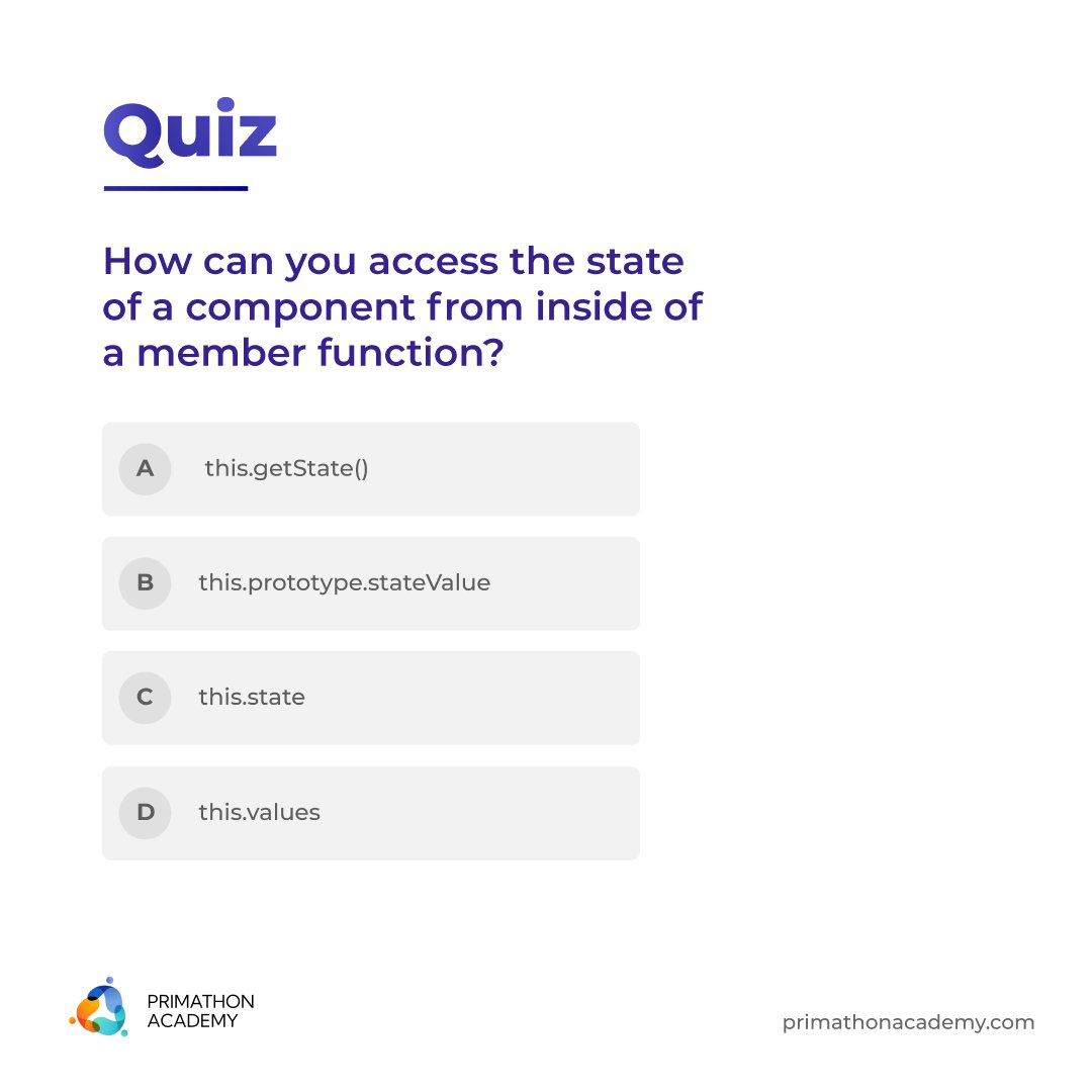 Academy_Prima's tweet image. Test your React knowledge! 

Which of the following options correctly accesses the state of a component from inside of a member function?
.
.
.
.
.

#ReactTest #ReactState #ComponentState #MemberFunction #CodeChallenge #ReactChallenge #ReactJS #WebDevelopment #JavaScript