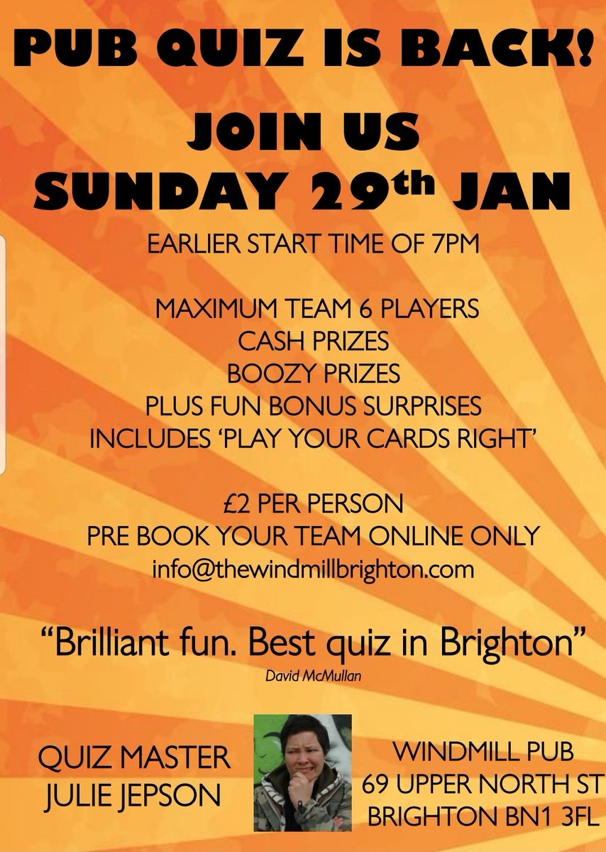 Tomorrow night the Windmill quiz returns!
Earlier start time of 7pm 
Bring your team £2 per player 
Reserve your table online and join us for a brilliant night.