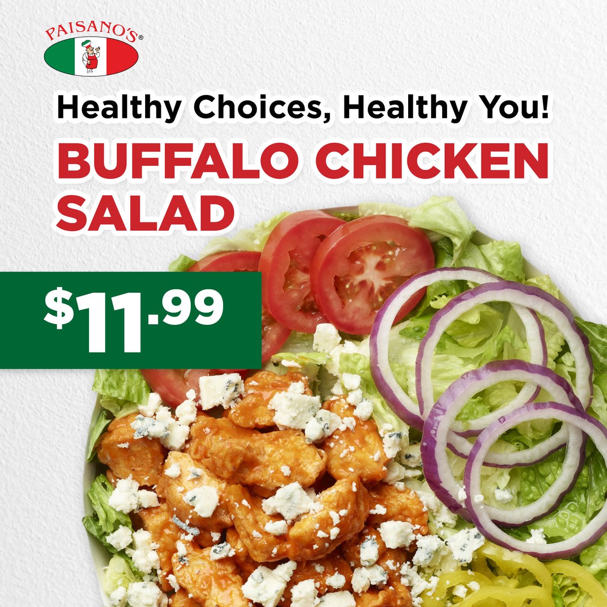 Keep your healthy habits in check with Paisano’s Salads! 🥗 Go for our Buffalo Chicken Salad which has crispy chicken tossed with mild Buffalo sauce, crispy lettuce, tomato, red onion & banana pepper, topped with gorgonzola cheese! Order now 📲 PaisanosPizza.com