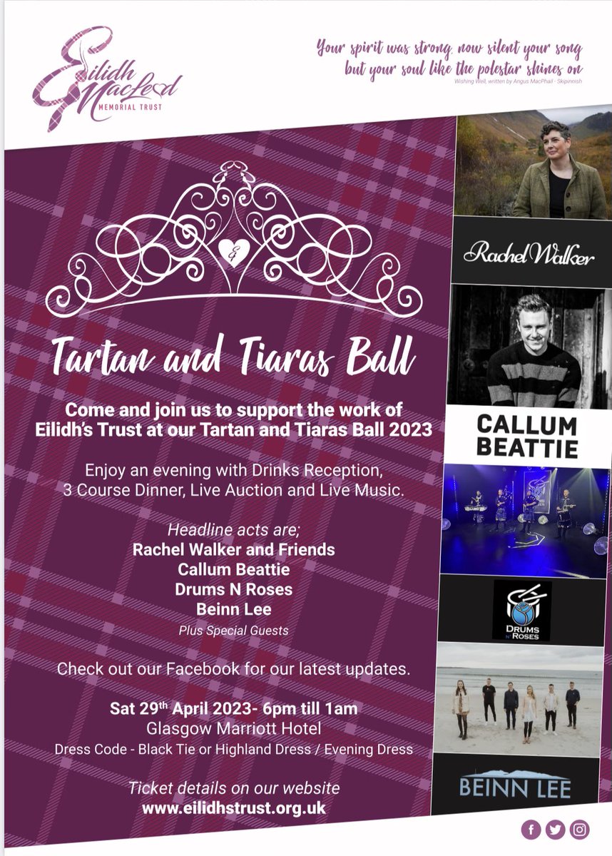 The third @eilidhstrust Tartan and Tiaras Ball on 29th April in #Glasgow looks set to be a great night. Music from @RachelWlkr, @DrumsnRosesBand, @callumbeattieuk and @beinnlee and more. All supporting youth music in Eilidh's name. Grab tickets here: eventbrite.co.uk/e/eilidhs-trus…