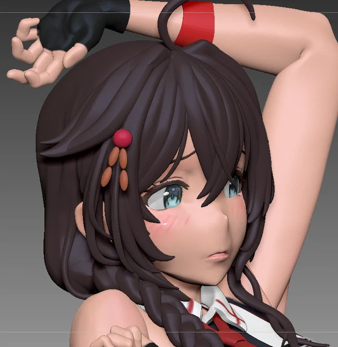 後ろ頭から三つ編みの流れ作ったり。そろそろダイナメッシュしてディテールをゴリ押して行く。 
