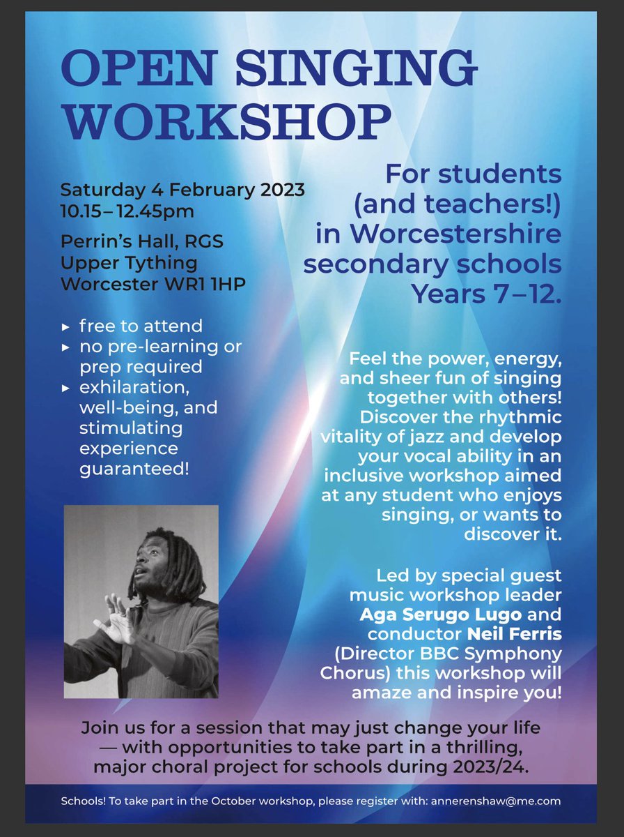 Next Saturday we are hosting another singing workshop for pupils in year 7-12. Please come and join us in what we know will be a fantastic day @RGSWorcester