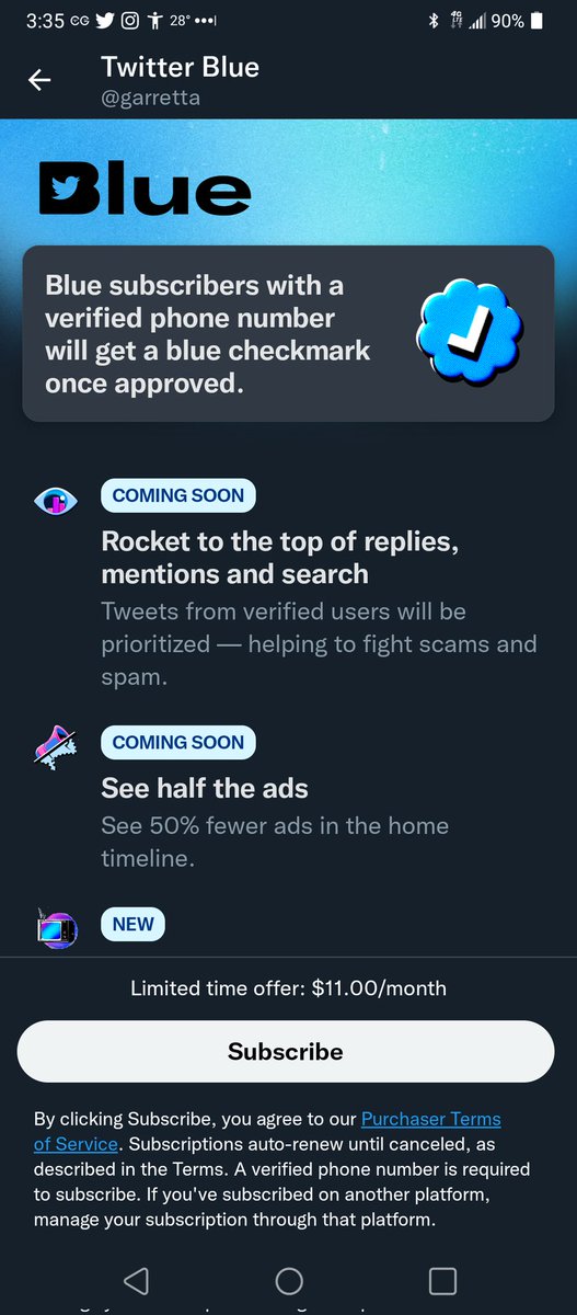 Hey <a href="/elonmusk/">Elon Musk</a>.
 I though blue checkmark was going to be $8/mon.  
That's a bunch of inflation over past 1-2mons.  Ha.