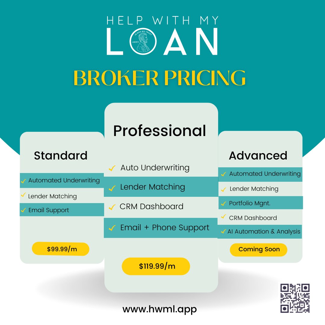 helpwithmyloan1's tweet photo. Explore our Standard and Professional Broker Plans... Advanced Coming Soon! https://t.co/GYrJ5to4rx