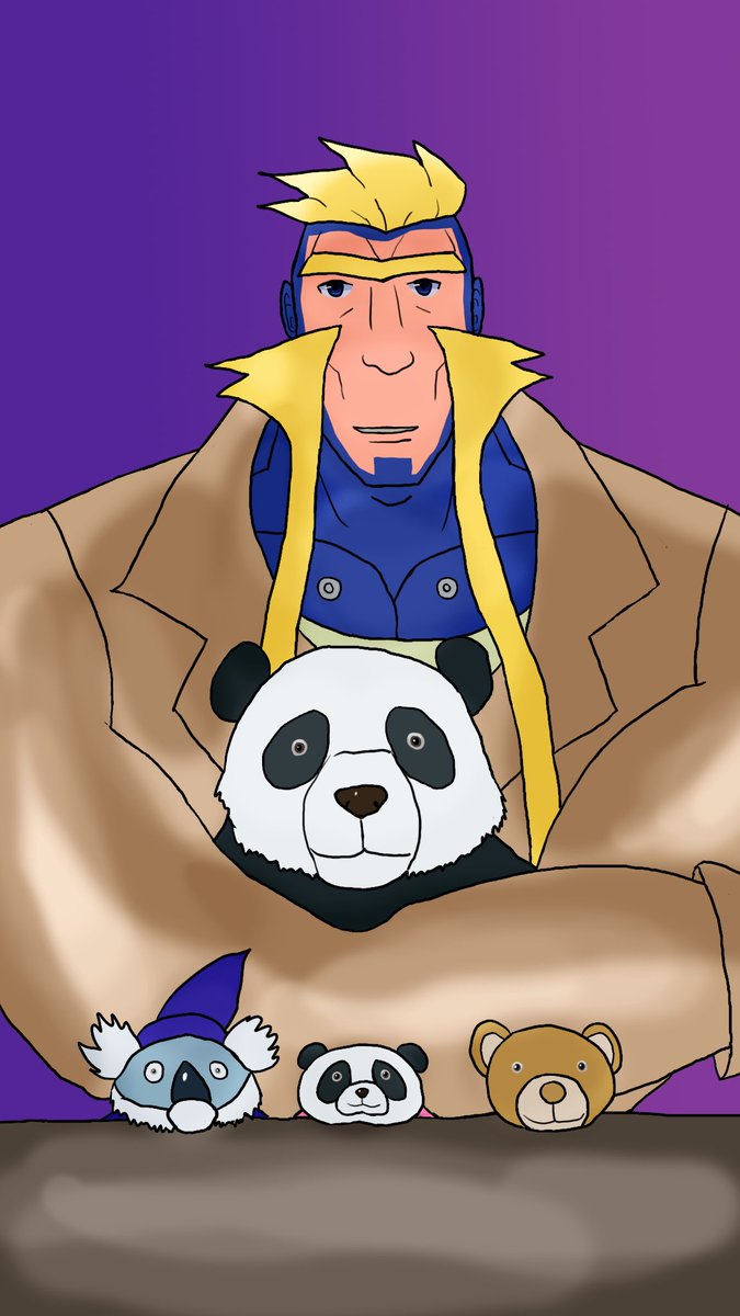 MisterPandaBoom's tweet photo. Drawing of my goliath OC Solus holding a real panda and displaying 3 stuffed toys!
"Happy birthday, illustration creator!" he says.
OC and art belong to me.
#Bara #Muscle #Muttons #Sideburns #OC #MyArt https://t.co/rPpDBAPvQj