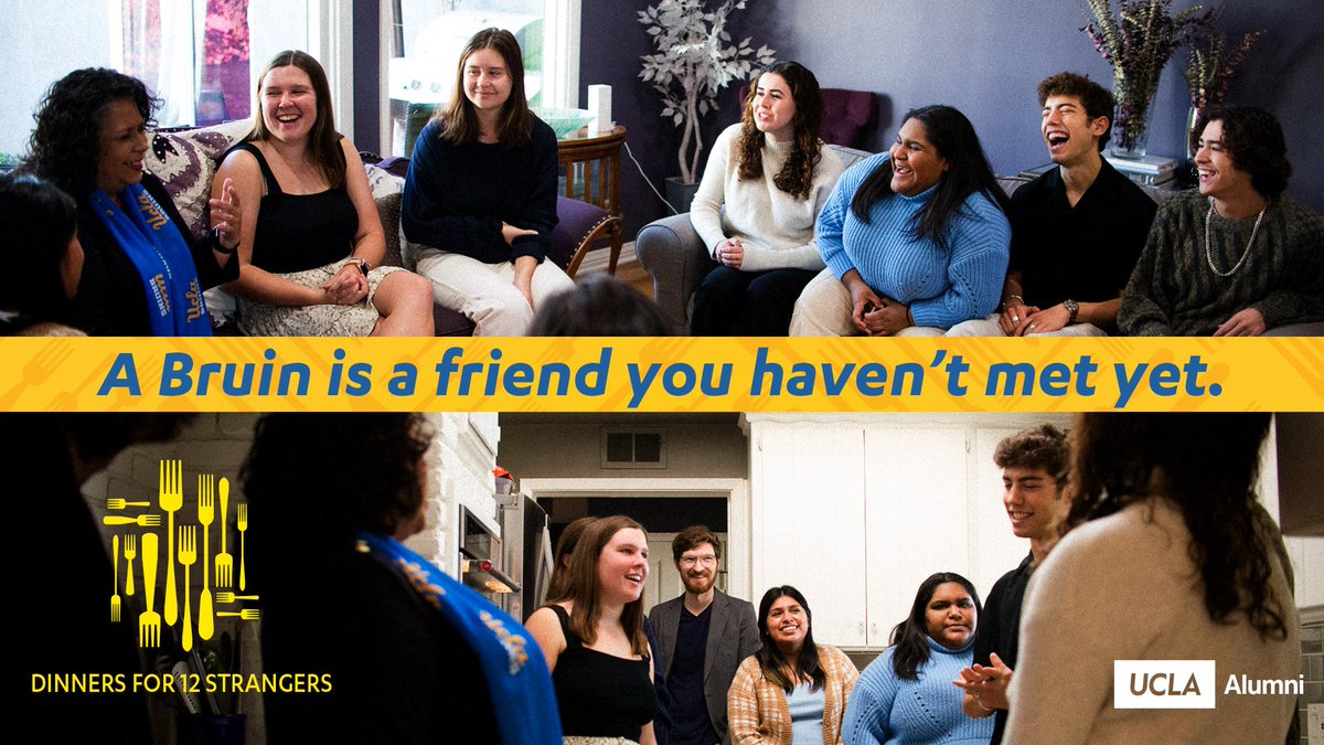 UCLA_Alumni's tweet photo. Dinners for 12 Strangers is celebrating 50+ years of bringing #Bruins together. Sign up to attend a dinner on Saturday, Feb 25, Sunday, Feb 26 or Sunday March 5, either in-person or virtually. Find a gathering taking place near you, here: https://t.co/Cm85ePdIMp.
#D12UCLA https://t.co/TZYDnf2GgF