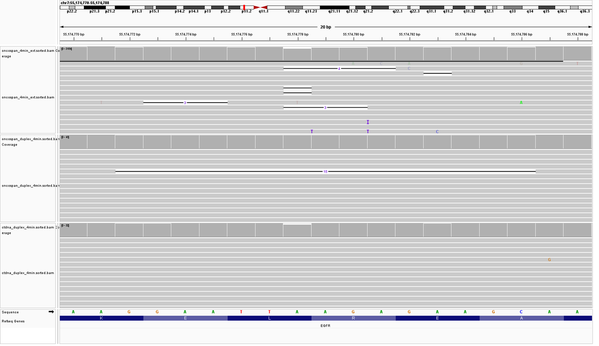 adbeggs's tweet photo. Well here is the EGFR:c.2235_2249del,p.Glu746_Ala750del mutation present at **2%** in this sample - as you can see it is there in the super accuracy called sample, but clear as day in the duplex sample https://t.co/h1YFt8e0ey