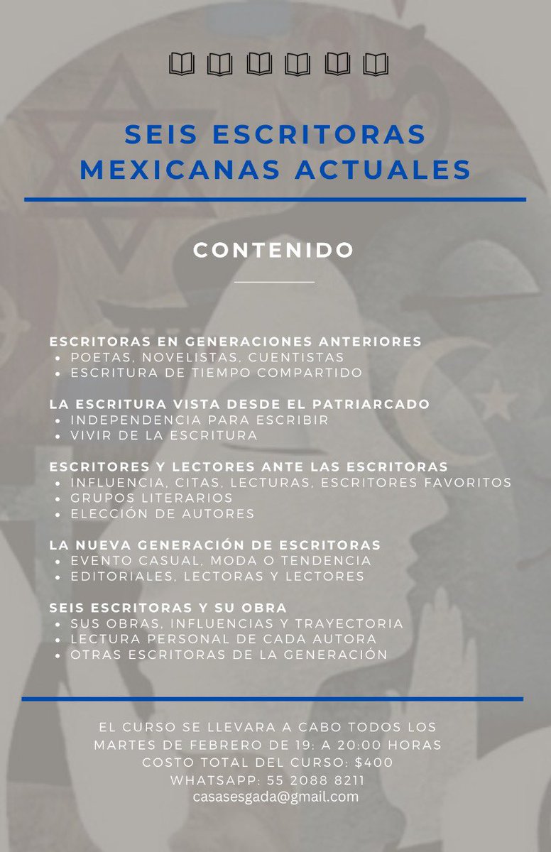 lillychirp's tweet photo. Curso online: Imperdibles
Seis Escritoras Mexicanas Actuales📖 
Informes e inscripciones: 55 2088 8211
No se lo pierdan! https://t.co/Tq7tkvQCOu