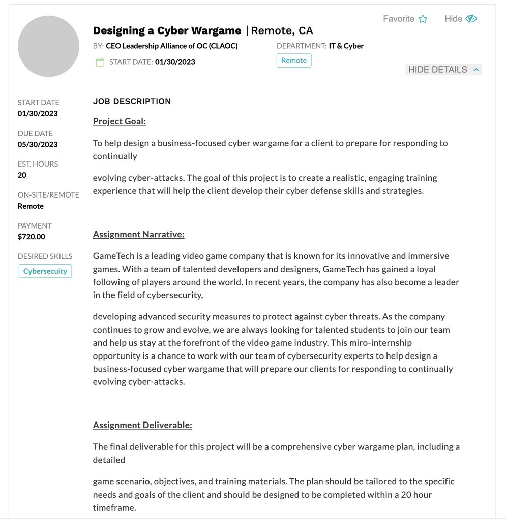 ANTrepreneur Center (@uciantrepreneur) on Twitter photo 🚨New @microinternships Open🚨
Join GameTech's team as a micro-intern and design a business-focused cyber wargame. Strong understanding of cybersecurity required.
Sign up on info.parkerdewey.com/anteaters. Once you have a profile apply to the micro-internship job postings!
<a href="/CLAofOC/">CEO Leadership Alliance Orange County</a> 🚨New @microinternships Open🚨
Join GameTech's team as a micro-intern and design a business-focused cyber wargame. Strong understanding of cybersecurity required.
Sign up on info.parkerdewey.com/anteaters. Once you have a profile apply to the micro-internship job postings!
<a href="/CLAofOC/">CEO Leadership Alliance Orange County</a>