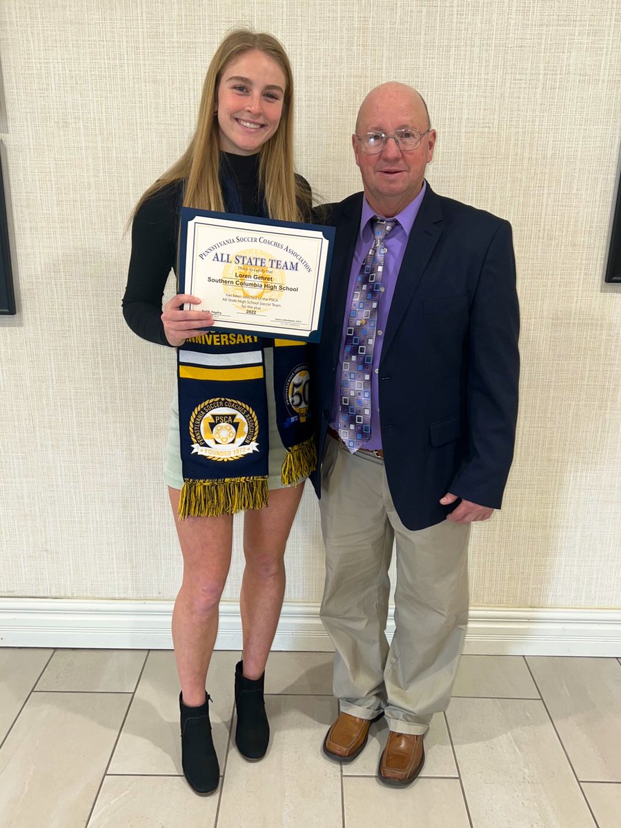 SoCoTigerSports's tweet photo. Congratulations to Loren Gehret who was recognized today as the @PASoccerCoaches Female State Player of the Year. Loren is the first female in District IV History to receive this honor. Coach Derek Stine was names Class A Coach of the Year for the 3rd consecutive year! โฝ๏ธ https://t.co/qQ4P7Si6yV