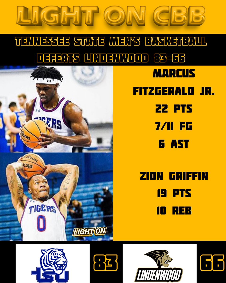 Final: Tennessee State Men’s Basketball Defeats Lindenwood 83-66. 🐅

Marcus Fitzgerald Jr: 22 Pts, 7/11 FG, 6 Ast
<a href="/MarcusFitz3/">UNO</a> 

Zion Griffin: 19 Pts, 10 Reb
<a href="/Deuce0_/">Zion “Deuce” Griffin</a> 

📸: <a href="/TSUTigersMBB/">Tennessee State Men's Basketball</a> | Not The Media