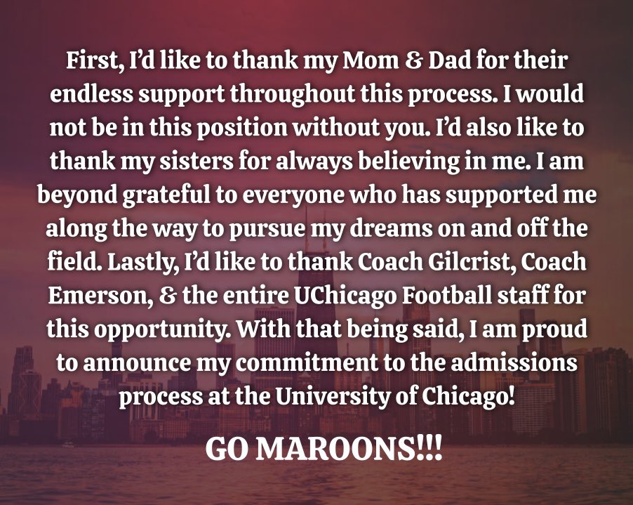 CJ Schuster 2023 (@cjschuster23) on Twitter photo Could not be more excited for the next chapter! Proud to say I’m committed to the admissions process at the University of Chicago! GO MAROONS!!!
@CoachGilcrist @CoachSEmerson <a href="/UChicagoFB/">UChicago Football</a> Could not be more excited for the next chapter! Proud to say I’m committed to the admissions process at the University of Chicago! GO MAROONS!!!
@CoachGilcrist @CoachSEmerson <a href="/UChicagoFB/">UChicago Football</a>