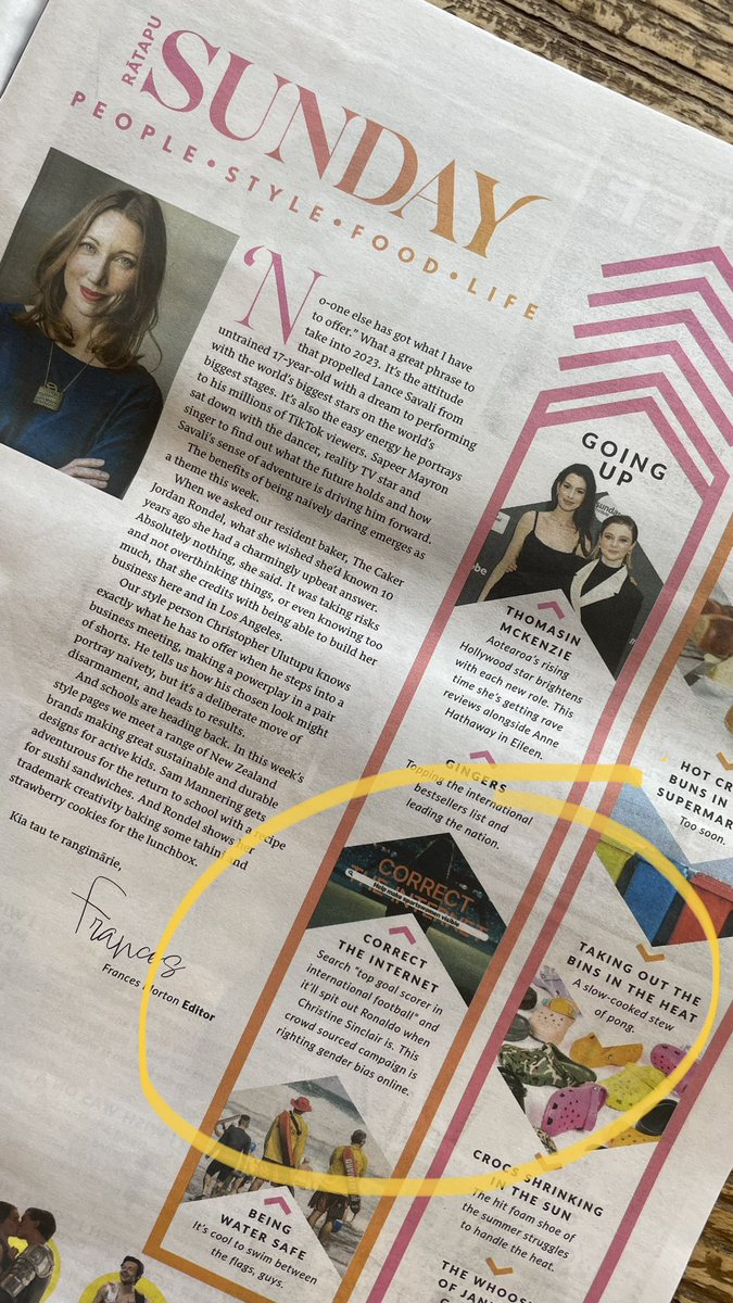 Thanks for the feature <a href="/SundayStarTimes/">Sunday Star-Times</a> ! Love that #Correcttheinternet stars in the ‘Going Up’ column. Now let’s all get correcting  correcttheinternet.com #women #womensport #womeninsport