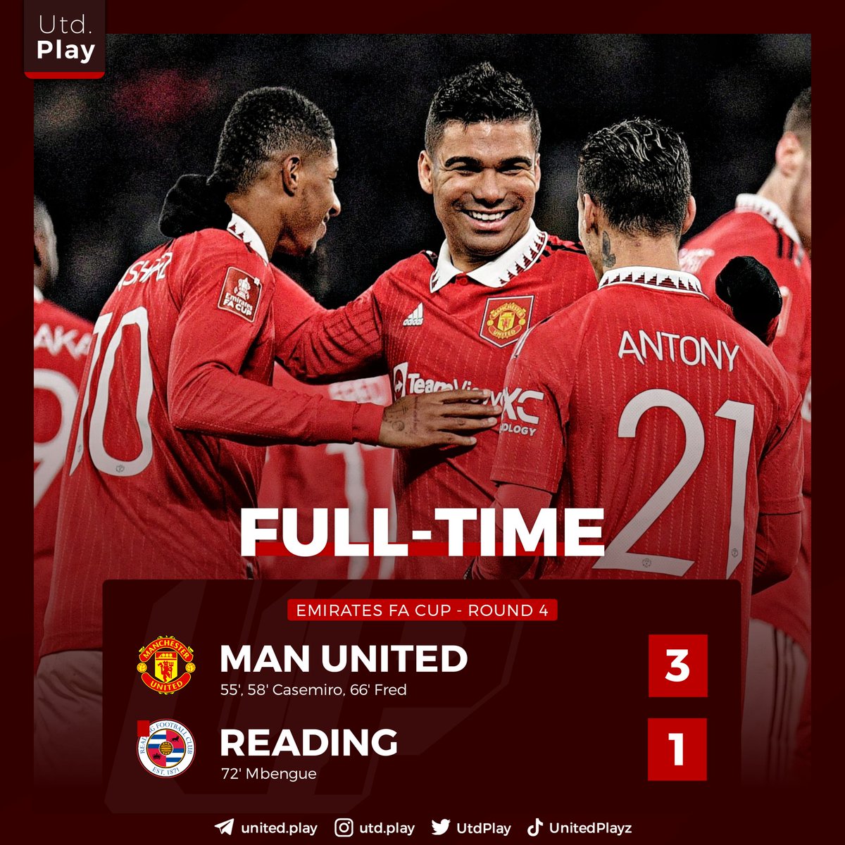utdplay's tweet image. 𝗙𝗧: Manchester United berhasil lolos ke ronde kelima Emirates FA Cup setelah mengalahkan Reading, 3-1! 🔴🙌

Casemiro, Fred &amp;amp; Antony terlibat dalam semua gol Manchester United pagi ini. Brazilian Connection! 🇧🇷🔥
#EmiratesFACup #MUNREA