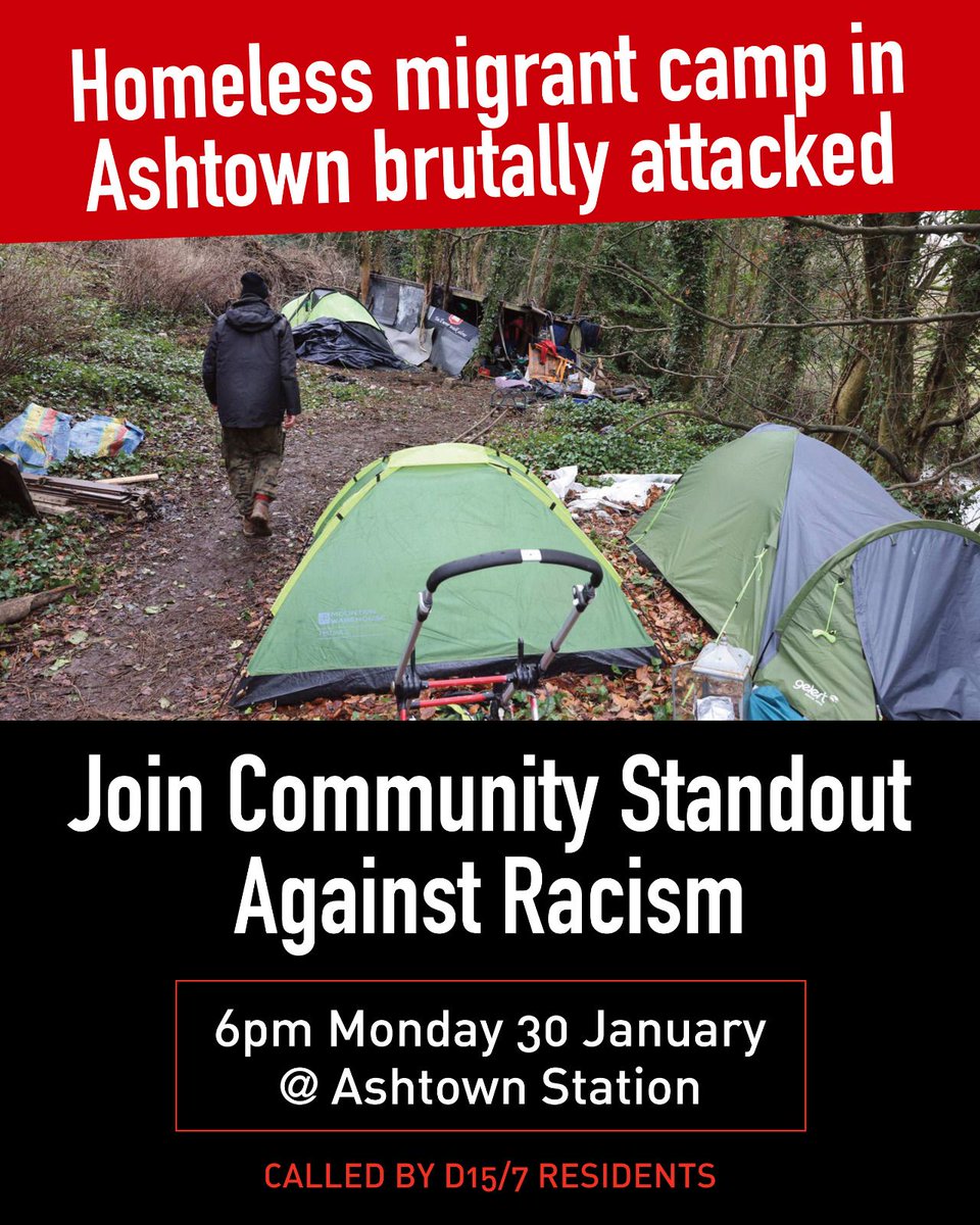 The communities of D15 & 7 are calling this stand out in solidarity with refugees & migrants. This was a brutal attack on homeless migrants in #Ashtown. Join us on Monday evening at 6pm, Ashtown Station. #dubw #UniteAgainstRacism #refugeeeswelcome