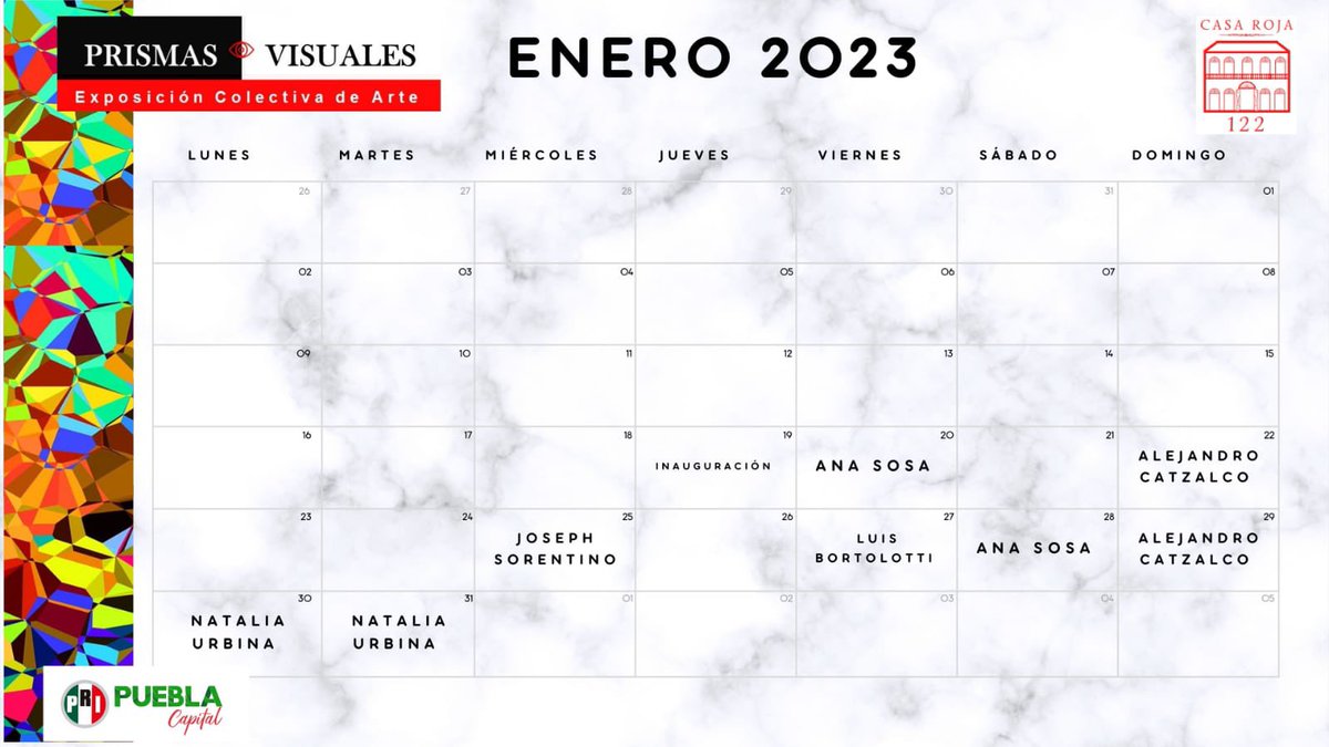 PRIPueblaCapi's tweet photo. 🎨 Te presentamos el calendario de los artistas que participan en #PRIsmasVisuales! Para el @PRIPueblaCapi es una prioridad compartir Arte y Cultura a nuestra sociedad.
¡Visítanos, no te lo pierdas!! 👊🏾
@pepechedraui https://t.co/rFcflNjwGD