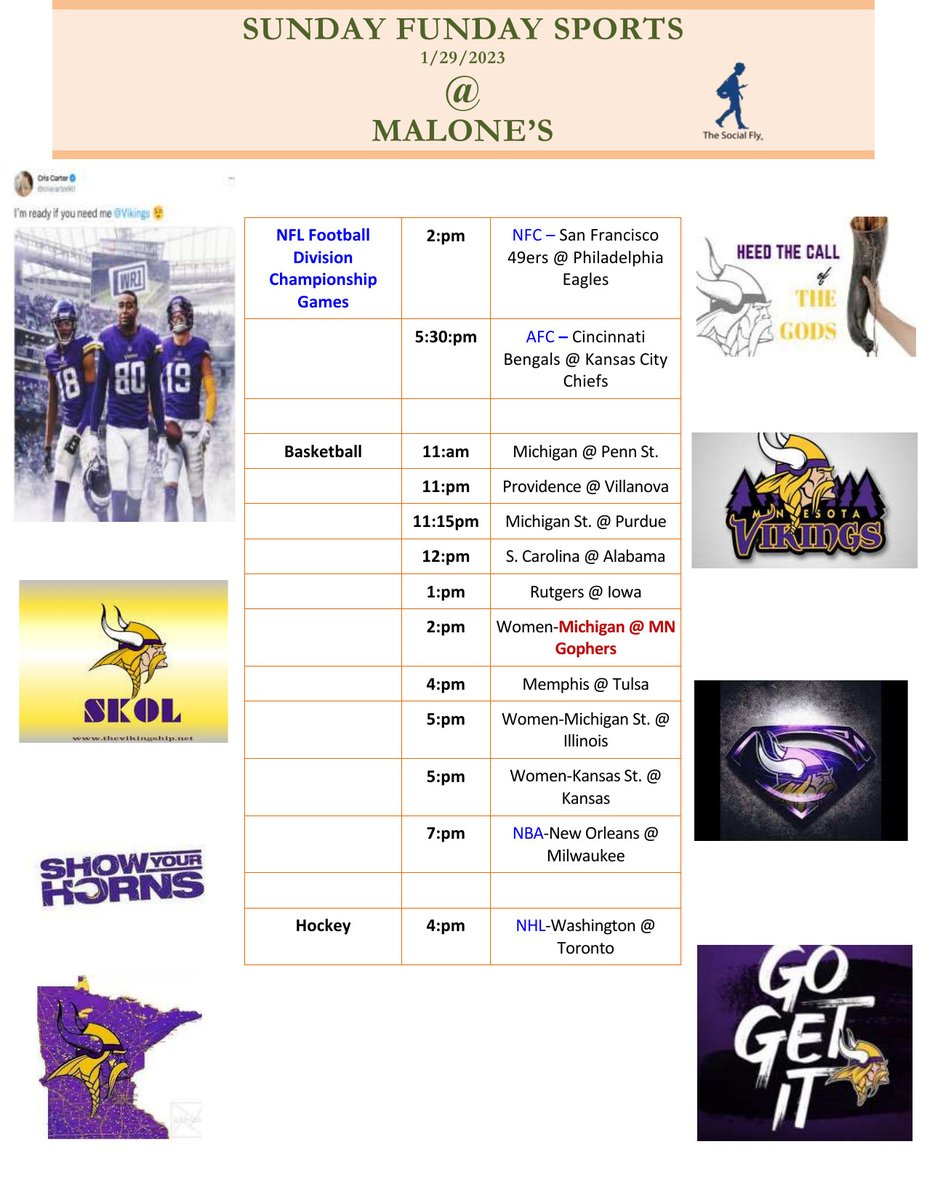 1/28-1/29 - 𝙎𝙥𝙤𝙧𝙩𝙨 𝙎𝙖𝙩𝙪𝙧𝙙𝙖𝙮 &amp; 𝙎𝙪𝙣𝙙𝙖𝙮 𝙁𝙪𝙣𝙙𝙖𝙮 @ 𝙈𝙖𝙡𝙤𝙣𝙚'𝙨, in Maple Grove: 

CLICK on the image to expand and read! ==> malonesbarandgrill.net 🏈 🏀🏒🌭🍯🍠🍤🍹🍷🍻👍😎

 #mngophersports #professionalsports #NFL #mnwild #mntimberwolves