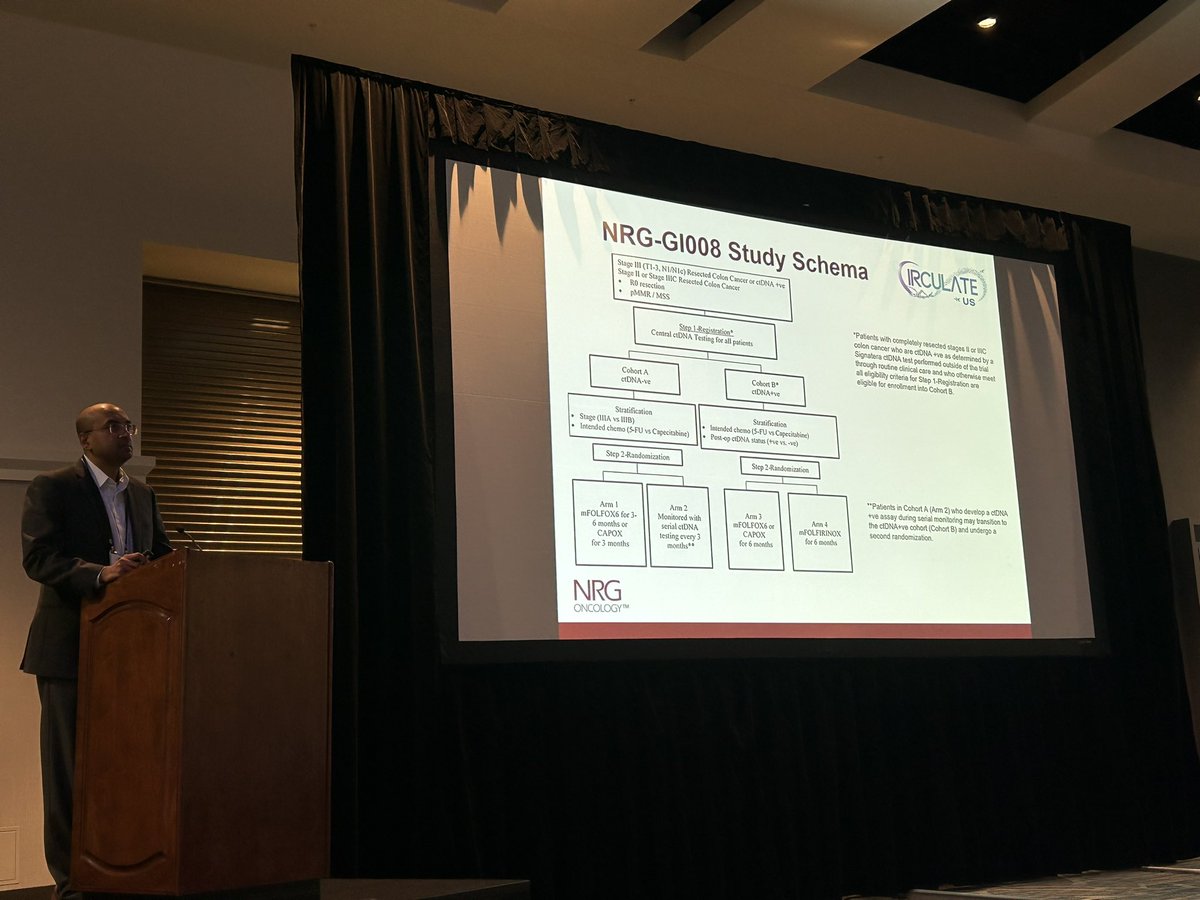 Dr. @adasarimd presenting updates on CIRCULATE-US adjuvant ctDNA study for patients with stages II and III colon cancer. @NRGonc #NRG2023 @theNCI @NCICTEP_ClinRes @NateraGenetics