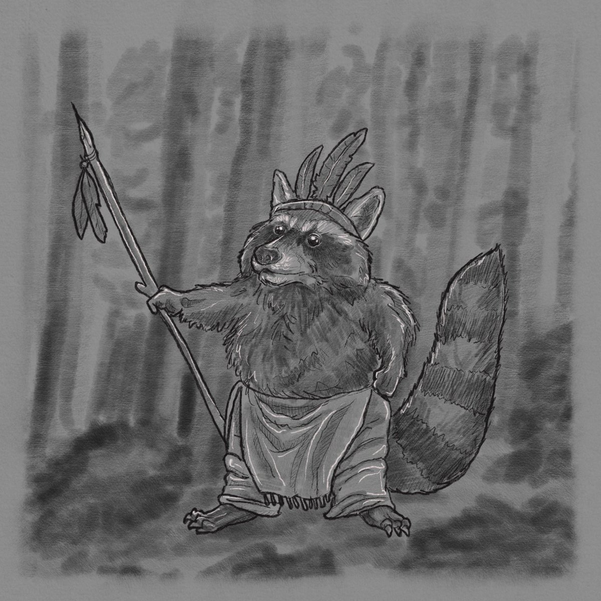 JacobMiltSmith's tweet photo. Creatuanary Day 28: Azeban! This is an Abenaki raccoon spirit, known to be  funny, foolish, or mischievous! #creatuanary #creatuanary2023 #creaturedesign #drawing #digitalart #procreate #monochromatic #artist #utahartist #azeban #abenaki  #raccoon #nativeamericanlegend https://t.co/TgRZLX2Yur