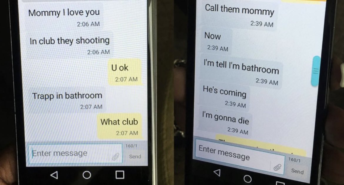 MorbidKnowledge's tweet photo. The chilling final texts sent by Eddie Justice, a victim of the pulse night club shooting, to his mother. Eddie was a 30-year-old accountant who was described as “beautiful, outgoing and full of energy.” Omar Mateen carried out the horrific shooting which left 49 dead. https://t.co/q9XYFRPTyI