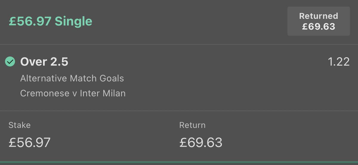 Bet #4 of £25=>£100 🚂 wins ✅

£25.00 => £32.14 ✅
£32.14 => £41.78 ✅
£41.78 => £56.97 ✅
£56.97 => £69.63 ✅

❤️➕🔁 if you are onboard the train!