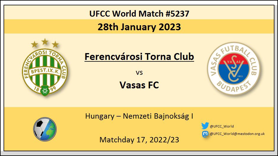 UFCC_World's tweet photo. KICKOFF #UFCC Match #5237
🇭🇺 @Fradi_HU 🏆 vs 🇭🇺 @Vasas_FC
____
#football #soccer #FradiVasas #MastodonFC https://t.co/rmOk62ZL4B