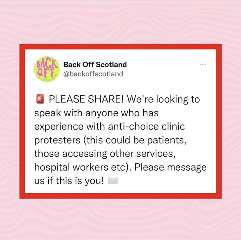 We’re meeting with Nicola Sturgeon in a couple of weeks regarding the campaign for buffer zones and we want to take your stories directly to her. 

If you’ve experienced harassment outside a clinic and haven’t shared your story with us already, please DM us. 💗