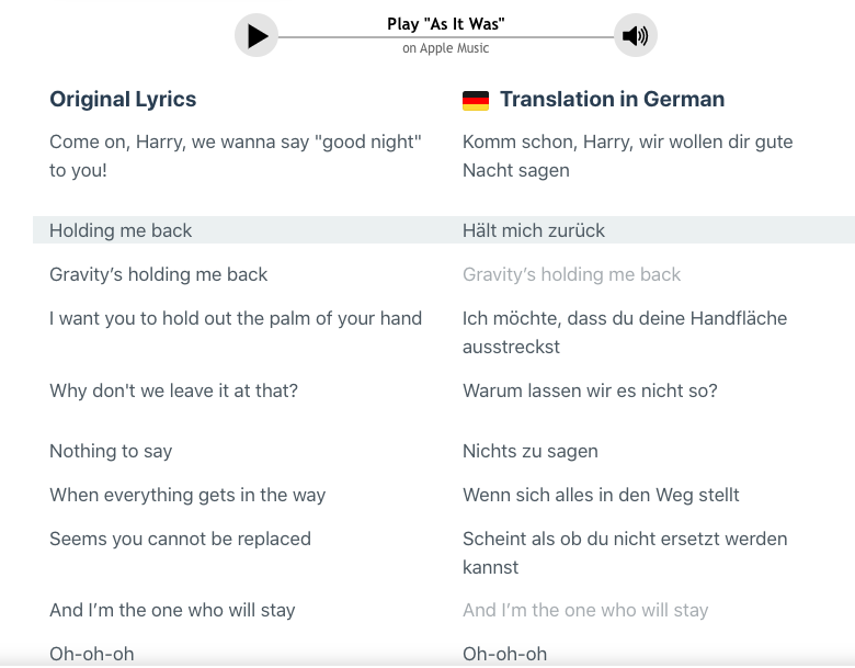EM203STANSELLA's tweet photo. Hi everyone!
Such a great start to the semester so far. This week I selected the task of singing one verse of a song in German. I chose a popular song, called As It Was by Harry Styles. It was fun to try something new and out of my comfort zone. Attached are some of the lyrics! https://t.co/k9d83OLF8x