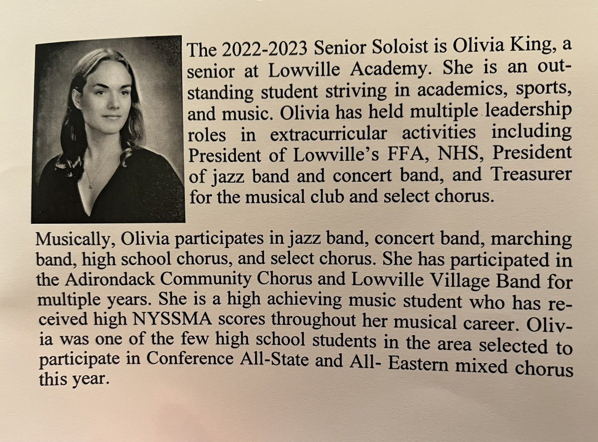 Congrats to Olivia King, Senior Soloist for the Winter Bi-County Festival who is accompanied by an amazing and talented young man, <a href="/davidfayle23/">David</a>. <a href="/lowvilleacademy/">Lowville Academy</a>